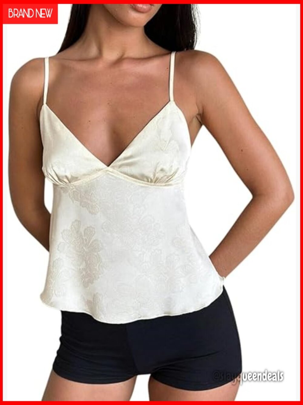 Satin Jacquard Floral V-Neck Spaghetti Strap Crop Cami Babydoll Top